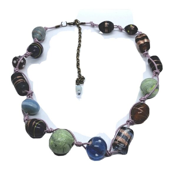 Artisan Jewelry - Handmade Leather Cord Necklace With Lampwork Handmade Glass Beads 14" + 5" ext.